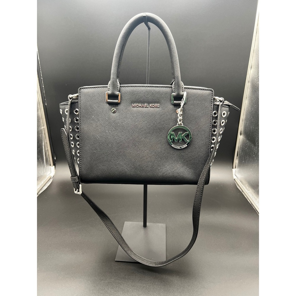 Michael Kors Selma Black Saffiano Leather Grommet Satchel Crossbody Bag Silver
